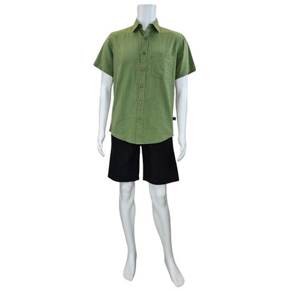 top of white mannequin wearing celery green will button up shirt and black craig shorts front view on white background