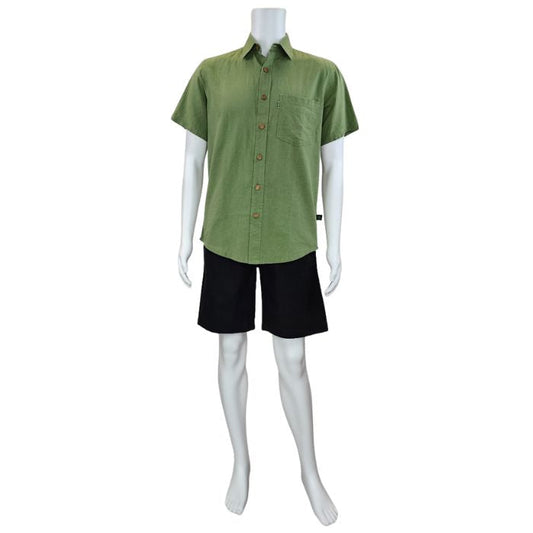 top of white mannequin wearing celery green will button up shirt and black craig shorts front view on white background