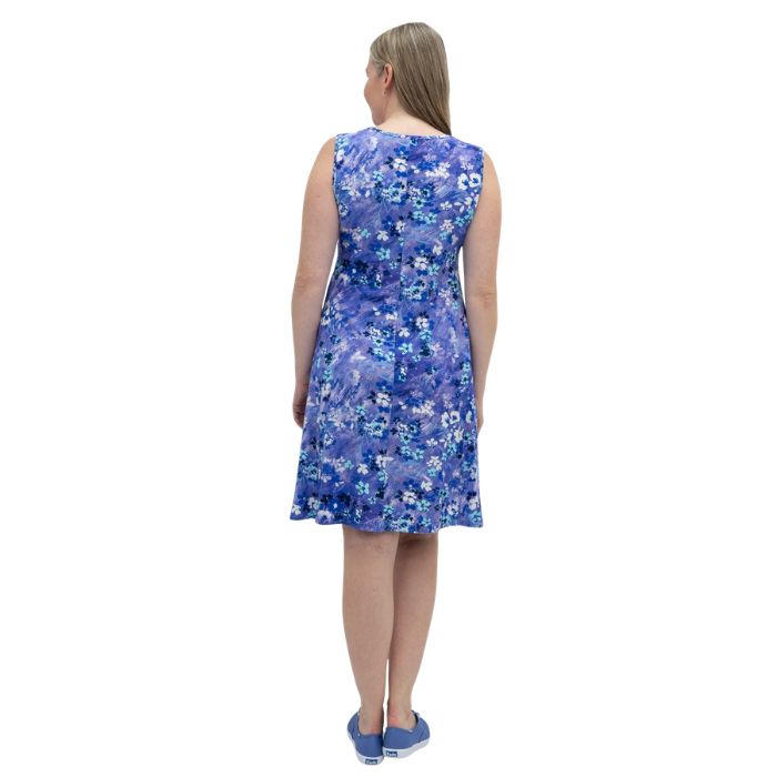 female model wearing creative print willow dress back veiw on white background