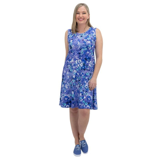 female model wearing creative print willow dress front veiw on white background