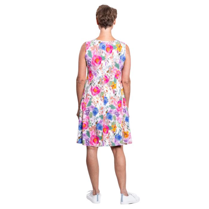 female model wearing pink bouquet print willow dress back veiw on white background