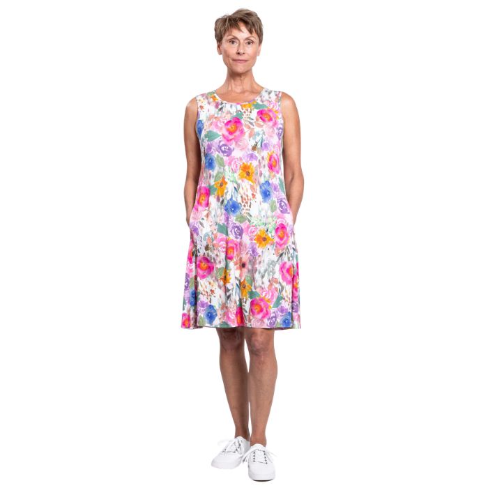 female model wearing pink bouquet print willow dress front veiw on white background