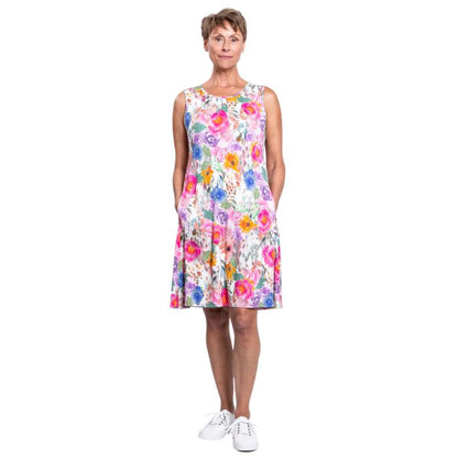 female model wearing pink bouquet print willow dress front veiw on white background