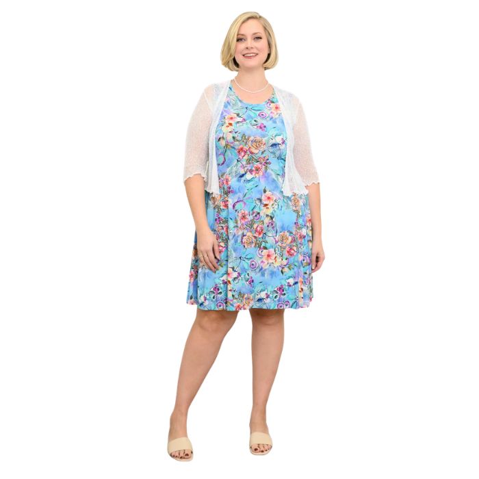 female model wearing teal nectar print willow dress front veiw on white background