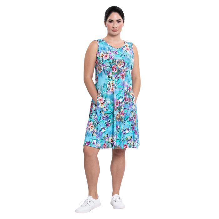female model wearing teal nectar print willow dress front veiw on white background