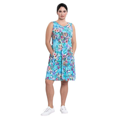 female model wearing teal nectar print willow dress front veiw on white background