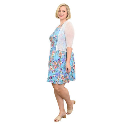 female model wearing teal nectar print willow dress side veiw on white background
