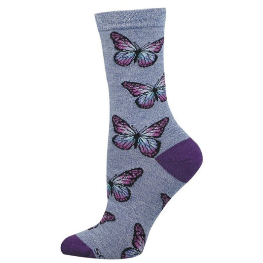 purple crew sock with blue and purple butterflies print on white background 