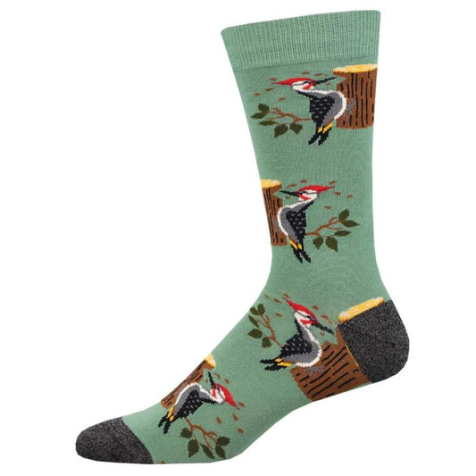 Woodpecker sock green sock with woodpecker bird print on white background