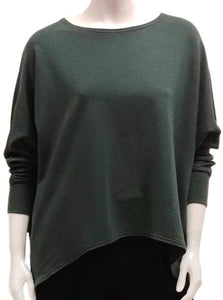  A throw on your body and go piece; the French Terry Sweatshirt has a high/ low hemline, loose Dolman sleeves. Made of Bamboo it is cool in the summer and warm in the winter making it an excellent choice that can be worn all year round.  (One Size)  Proudly Made in Canada  Fabrication: 66% Bamboo, 28% Cotton, 6% Spandex   GILMOUR  $97.00 pine green