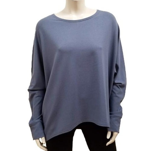  A throw on your body and go piece; the French Terry Sweatshirt has a high/ low hemline, loose Dolman sleeves. Made of Bamboo it is cool in the summer and warm in the winter making it an excellent choice that can be worn all year round.  (One Size)  Proudly Made in Canada  Fabrication: 66% Bamboo, 28% Cotton, 6% Spandex   GILMOUR  $97.00 wedgewood blue