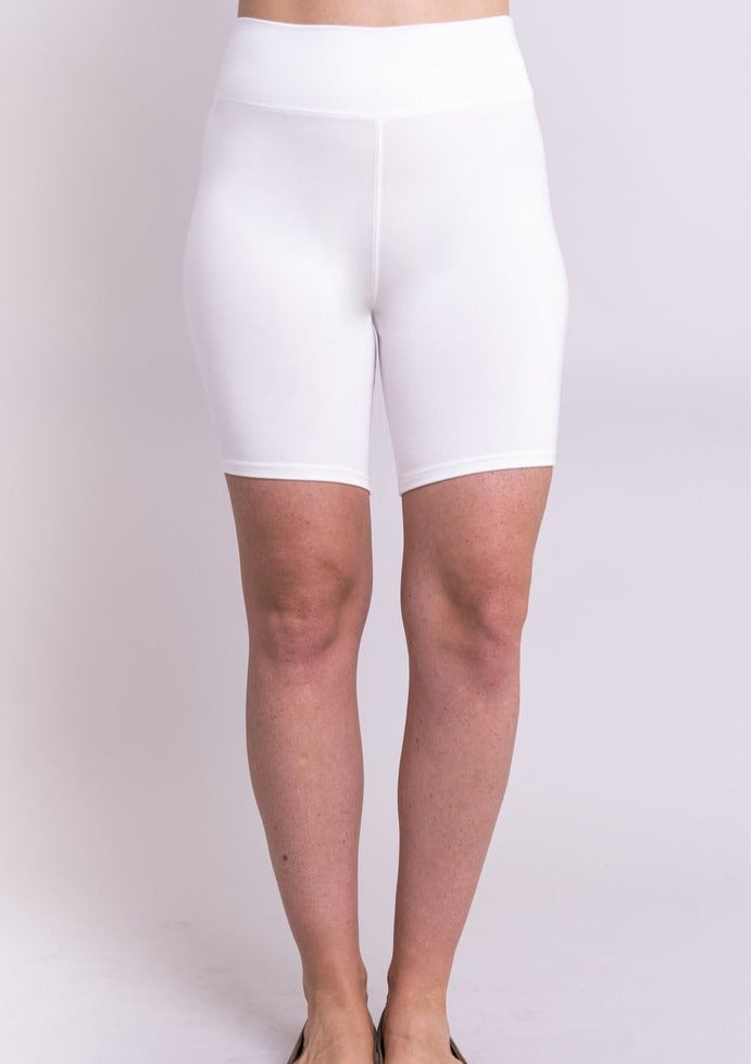 The ultimate multi-function Bamboo shorts. Hallie Shorts can be worn for anti-chafing, leisure, sleep, work outs, and travel. Flatlock and cover-lock stitching make the shorts feel seamless, and the bamboo fabric wicks moisture from the skin. Thanks to the extra coverage of Hallie Shorts you can move through the day in comfort, and with confidence. Fabrication: 95% Bamboo, 5% Lycra BLUE SKY Blue Sky fit guide - generous. Go down one size for a standard fit, two sizes for a firm fit. $35.00 White