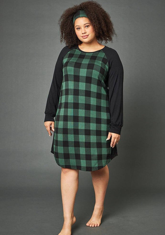 The Avery Long Sleeve Nightie is a raglan style dress that falls just above the knee. Incredibly soft and comfortable, great for a good nights sleep and it comes with a matching headband. Made from This is J's signature ultra-soft and moisture-wicking fabric blend. Proudly Made In Canada Fabrication: 93% Bamboo, 7% Spandex $99.00 green plaid
