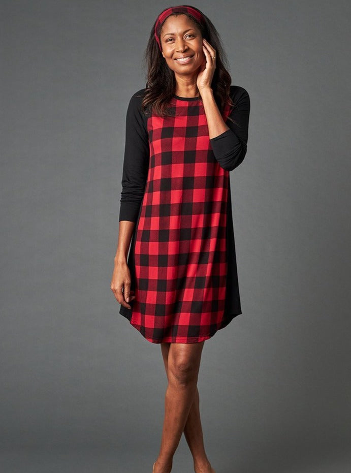 The Avery Long Sleeve Nightie is a raglan style dress that falls just above the knee. Incredibly soft and comfortable, great for a good nights sleep and it comes with a matching headband. Made from This is J's signature ultra-soft and moisture-wicking fabric blend. Proudly Made In Canada Fabrication: 93% Bamboo, 7% Spandex $99.00 red plaid