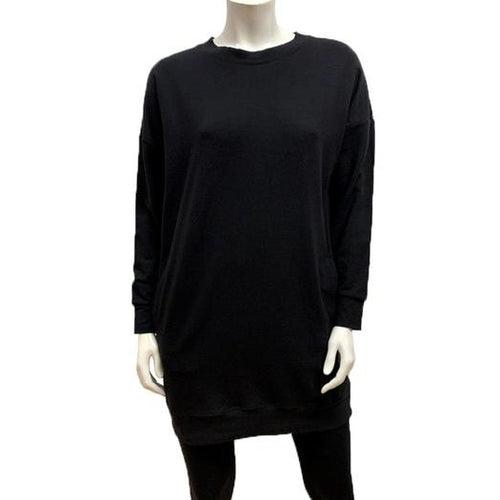 If you love a sweatshirt with a long line, you'll love this! The Farrah sweatshirt dress has a  banded neck and hemline, long sleeves and side slit pockets. Great worn as a tunic, it will be all you need to skip through autumn leaves in!  Proudly Made in Canada  Fabrication: 66% Bamboo, 28% Cotton, 6% Spandex  $135.00 Black