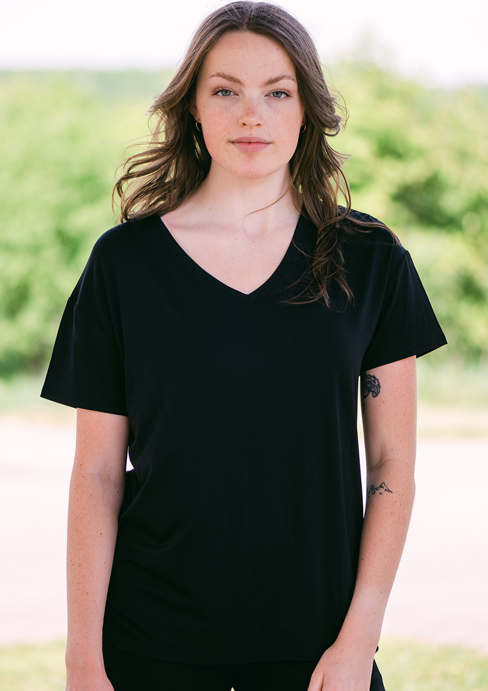 Picture this, cozy Sunday, cup of coffee and your favorite tee. This is that tee! Relaxed fit, flattering V-neckline, soft bamboo, casual yet put together. Fabrication: 95% Viscose from Bamboo 5% Spandex Terrera $50.00 Black