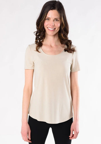 The classic Krista Ribbed U-neck t-shirt in a luxurious bamboo ribbed fabric. It’s the flattering silhouette that you know and love, paired with a silky-soft ribbed knit that’s gentle and cooling on the skin. Fabrication: 95% Viscose from Bamboo (Ribbed) 5% Spandex TERRERA $60.00 Stone Brown