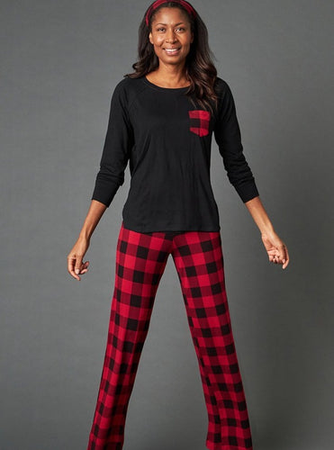 Release all of the day's tension when you slip into the Marley Crew Long Sleeve Set. This style keeps you comfortable vertical around the house or horizontal in bed. Comes with a comfy fit crew neck long sleeve top, long straight leg pants with a wide stretchy waistband and drawstring detail, and a matching headband. Made from This is J's signature moisture wicking bamboo/spandex fabric blend. Proudly Made in Canada Fabrication: 93% Bamboo Viscose 7% Spandex $175.00 red plaid