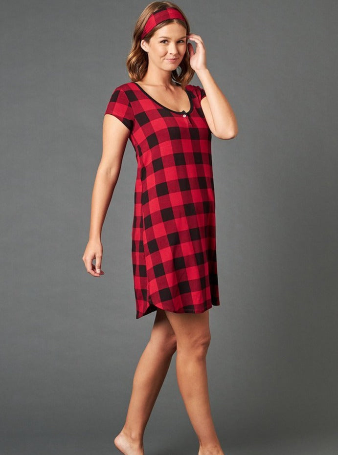 Softly draped fabric, thoughtful detail, and a flattering fit make the Silvia Short Sleeve Nightie the most comfortable nightdress you will ever wear. This set includes a loose and flowy knee length cap sleeve dress with keyhole detail that can be buttoned closed, and a matching headband. Made from This is J's signature moisture wicking bamboo/spandex fabric blend. Proudly Made in Canada Fabrication: 93% Bamboo Viscose 7% Spandex $95.00 red plaid