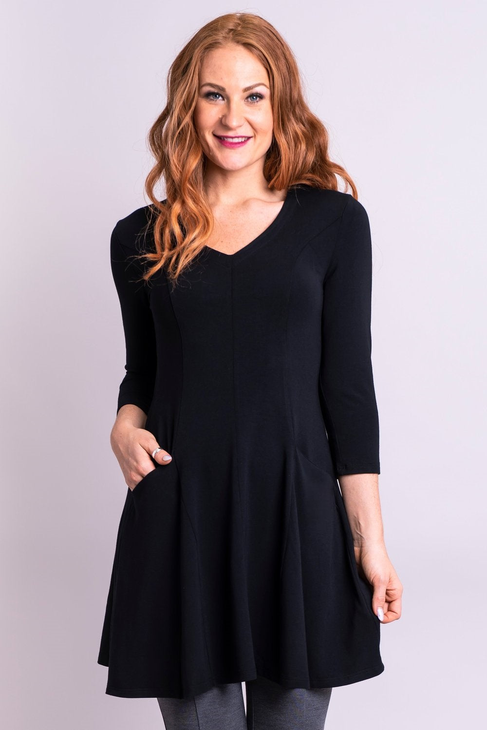 The Wilma Tunic's princess seaming allows for an easy fit over the upper body. A V-neckline suggests a vertical axis and adds a contemporary feel. The lower section falls from the high hip into a forgiving flare: the swing of fabric brings texture and movement around the hips.  Fabrication: 67% Bamboo, 28% Cotton, 5% Lycra.  BLUE SKY Blue Sky fit guide - true to size $85.00 black