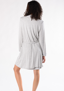 You deserve the Mia Luxe Robe to lounge in. Made with signature soft viscose from bamboo, this robe feels cooling and smooth on the body. You’ll love the side pockets, elegant white piping and self belt. Perfect as a gift! Fabrication: 95% Viscose from Bamboo 5% Spandex TERRERA Grey Melange $95.00