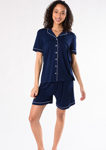 Perfect for gifting to yourself or to someone you love. The Vivian PJ sleep set comes with a luxurious and comfortable button down top and pull-on shorts.  Made with signature soft viscose from bamboo, you’ll have a good night’s rest in these classic PJ’s. Fabrication: 95% Viscose from Bamboo 5% Spandex TERRERA Ink Blue $90.00