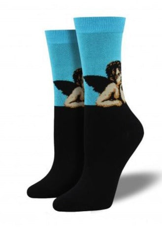 Black with Sistine Madonna Art on Cerulean Blue Background. Soft, Breathable, Moisture Wicking, Antibacterial, Hypoallergenic, Amazing! One Size Fits Most (Women's 5-11) Fabrication: 66% Rayon from Bamboo, 32% Nylon, 2% Spandex SockSmith $20.00