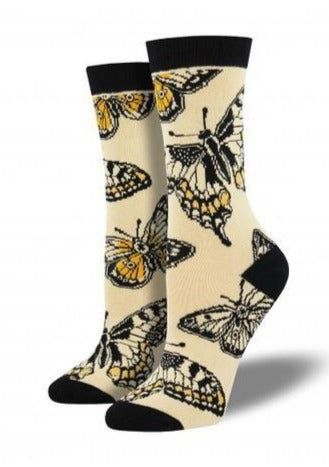 Ivory White with Monarch Butterflies. Soft, Breathable, Moisture Wicking, Antibacterial, Hypoallergenic, Amazing Socks! One Size Fits Most (Women's 5-11) Fabrication: 66% Rayon from Bamboo, 32% Nylon, 2% Spandex SockSmith $20.00