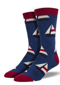 Navy Blue with Sail Boats. Soft, Breathable, Moisture Wicking, Antibacterial, Hypoallergenic, Amazing Socks! One Size Fits Most (Men's 7-13) Fabrication: 66% Rayon from Bamboo, 32% Nylon, 2% Spandex SockSmith $22.00