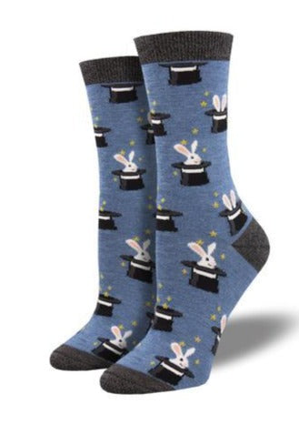 Heather Blue with Rabbits in Top Hats. Soft, Breathable, Moisture Wicking, Antibacterial, Hypoallergenic, Amazing Socks! One Size Fits Most (Women's 5-11) Fabrication: 66% Rayon from Bamboo, 32% Nylon, 2% Spandex SockSmith $20.00