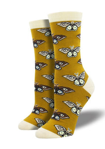 Yellow Gold with Vintage Moths. Soft, Breathable, Moisture Wicking, Antibacterial, Hypoallergenic, Amazing Socks! One Size Fits Most (Women's 5-11) Fabrication: 66% Rayon from Bamboo, 32% Nylon, 2% Spandex SockSmith $20.00