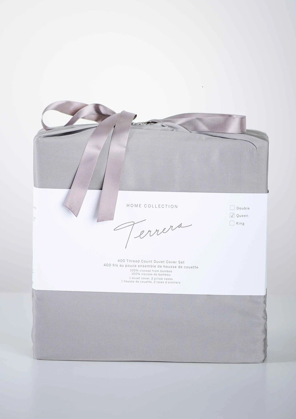 We spend one third of our lives in bed, so why not choose the best? Slip under the ultra-soft and cool-to-touch Terrera Luxury Duvet & Pillowcase Set. Made with their signature viscose from bamboo, which is comfortable, breathable, and oh so soft - an excellent option for those with sensitive skin. Includes 400 thread count Duvet Cover with snap closures at the bottom,4 ties inside to hold duvet in place and 2 pillow cases.  Fabrication: 100% Viscose from Bamboo TERRERA grey $150/$160/$190