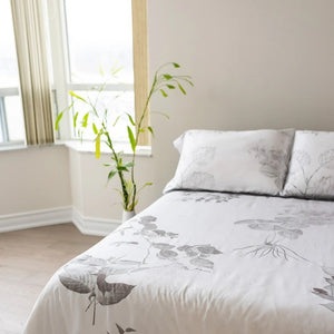 We spend one third of our lives in bed, so why not choose the best? Slip under the ultra-soft and cool-to-touch Terrera Luxury Duvet & Pillowcase Set. Made with their signature viscose from bamboo, which is comfortable, breathable, and oh so soft - an excellent option for those with sensitive skin. Includes 400 thread count Duvet Cover with snap closures at the bottom,4 ties inside to hold duvet in place and 2 pillow cases.  Fabrication: 100% Viscose from Bamboo White Bloom $180/$205/$230