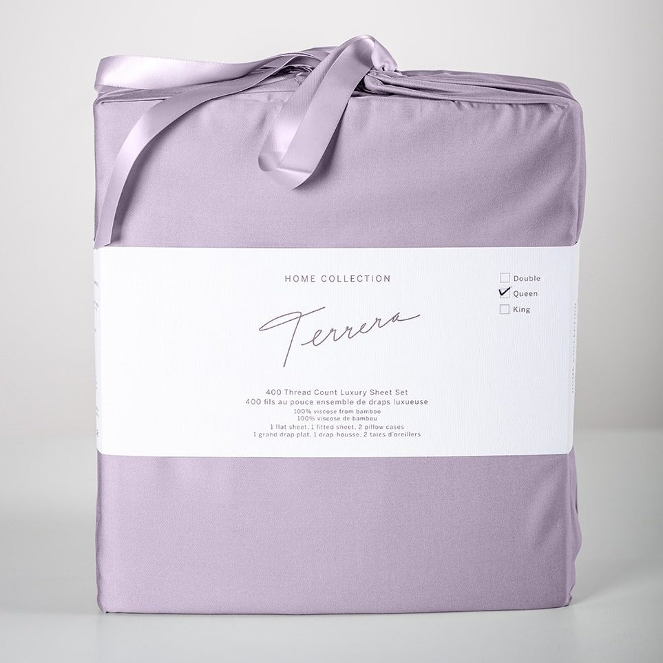 Terrera Bamboo Sheet Set includes a Fitted Sheet, Flat Sheet & 2 Pillow Cases. Cool-to-touch, ultra-soft sheets made with their signature viscose from bamboo, which is comfortable, breathable, and oh so soft - an excellent option for those with sensitive skin. With a 400 Thread count, these bed sheets will guarantee you the best sleep, ever. Fabrication: 100% Certified Organic Viscose from Bamboo TERRERA Amethyst Purple $150/$160/$190