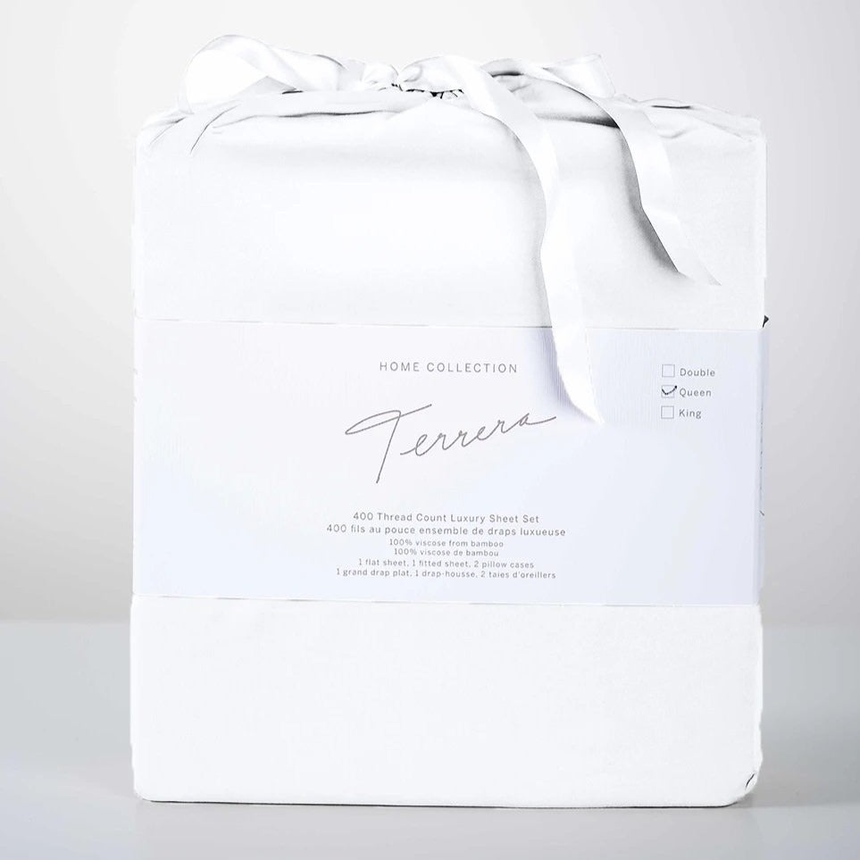 Terrera Bamboo Sheet Set includes a Fitted Sheet, Flat Sheet & 2 Pillow Cases. Cool-to-touch, ultra-soft sheets made with their signature viscose from bamboo, which is comfortable, breathable, and oh so soft - an excellent option for those with sensitive skin. With a 400 Thread count, these bed sheets will guarantee you the best sleep, ever. Fabrication: 100% Certified Organic Viscose from Bamboo TERRERA Pale Rose Pink $150/$160/$190