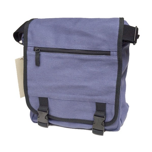 A rugged shoulder bag made of durable Hemp twill with reinforced muslin trim. Adjustable shoulder strap, large inside pouch, with a button pocket and a zippered pocket on the outside flap.  Fabrication 55% Hemp 45% Cotton Twill Eco-Essentials Colour Blue
