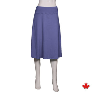 Bamboo Yoga Skirt is where style and comfort come together in a skirt. It has a yoke waist and multi-paneled flare that flows with every move. Made with soft Bamboo jersey that is luxurious, moisture wicking and breathable.  Proudly made in Canada Fabrication: 70% Rayon from Bamboo, 30% Cotton  Eco-Essentials $45.00 Blue