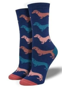 Blue with Dachshunds. Soft, Breathable, Moisture Wicking, Antibacterial, Hypoallergenic, Amazing Socks! One Size Fits Most (Women's 5-11) Fabrication: 66% Rayon from Bamboo, 32% Nylon, 2% Spandex SockSmith $20.00 