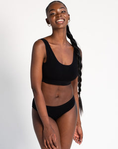 This is the bralette that you won't want to take off! Terrera's Essential bralette is made with their signature soft bamboo jersey and soft padded cups. It is high-stretch, moisture-wicking, anti-bacterial, and gentle even for sensitive skin. Fabrication: 77% viscose from bamboo, 17% nylon, 6% spandex  Terrera Black $30.00