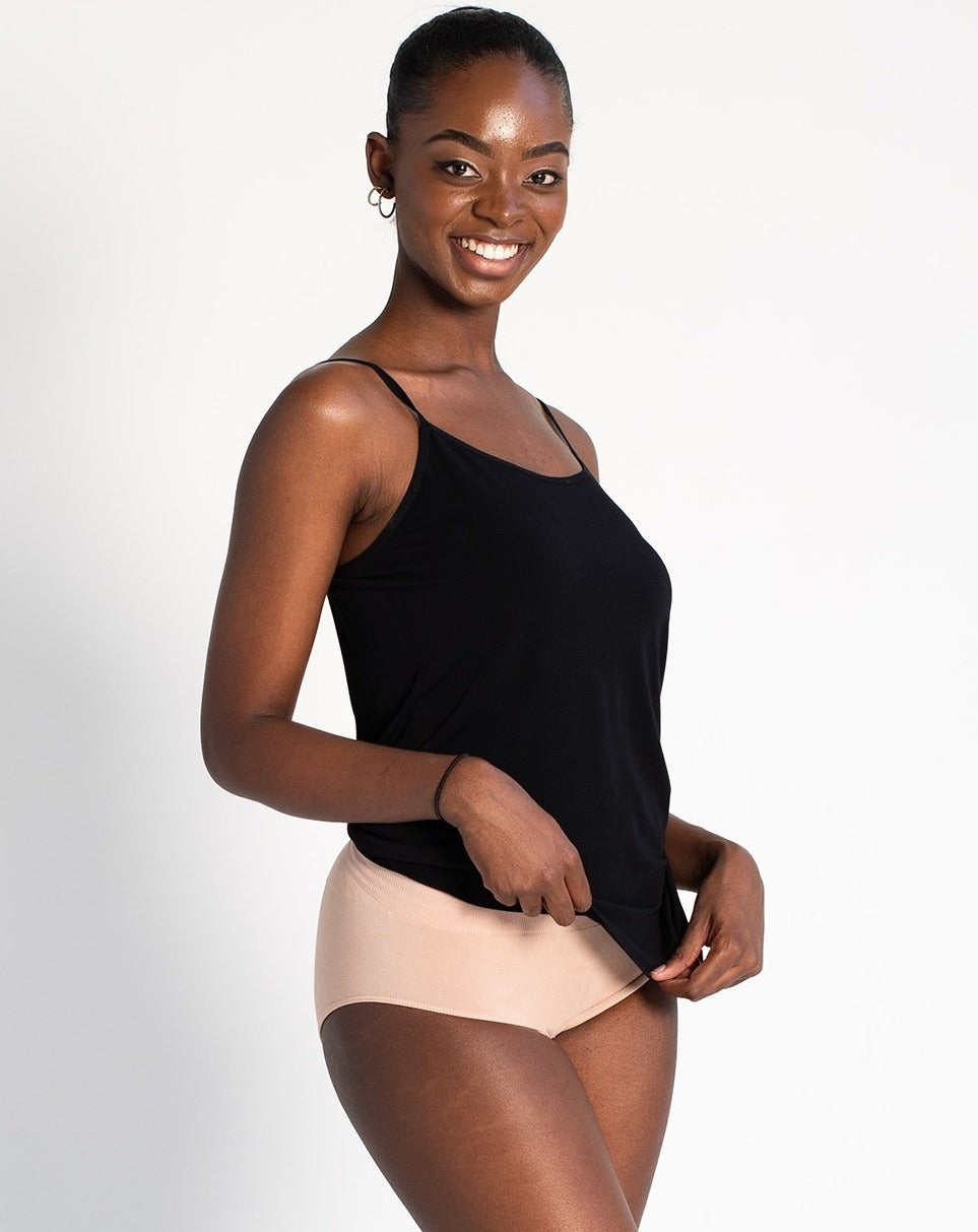  We know how much you love the feel of silky-smooth bamboo viscose against your skin! Terrera's Essential Cami is the perfect under layer camisole.  Fabrication: 77% viscose from bamboo, 17% nylon, 6% spandex TERRERA black $23.00