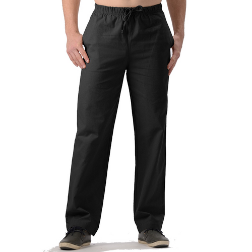 Jeff hemp pants have a wide fit through the leg and a covered elastic waist with drawstring.  Two back pockets and two side seam pockets for convenience, linen like feel. Proudly Made in Canada! Fabrication: 55% Hemp 45% Organic Cotton Eco-Essentials Colour Black