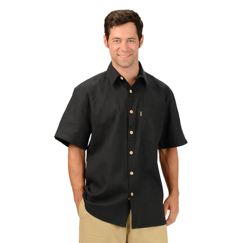 ﻿The Will Short Sleeve Button Up Hemp Shirt is a must have for your every day wardrobe, with wood buttons and a single pocket on the right. A great selection of colours, you will want more then one. Fabrication: 55% Hemp, 45% Organic Cotton Eco-Essentials colour Black $70.00