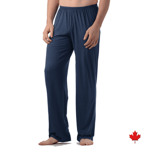 Jim Lounge pants are multi-purpose with the "ahhhhhh" comfort feeling. Great for yoga, lounging or sleeping made with breathable soft bamboo and a double stitch elastic waistband. Proudly made in Canada Fabrication: 70% Bamboo Rayon and 30% Cotton Eco-Essentials  Colour Blue