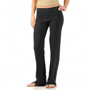 Molly Bamboo Yoga Pants are fitted and flared. The waistband can be folded over for a lower rise and flat locked seams have a comfortable smooth feel. Bamboo is soft, luxurious, moisture wicking and antibacterial. The most comfortable yoga pants you will ever own, they are great for work, rest and play! Proudly made in Canada 92% Rayon from Bamboo, 8% Spandex  Eco-Essentials Colour Black