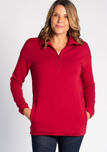 For any occasion lounging or outdoor hikes, the Naomi Half-Zip Sweater will ensure that you stay warm and cozy. It's made with our earth-friendly bamboo fleece that provides natural insulation to the body. The relaxed shoulder and curved hemline make this sweater ultra-flattering and non-bulky.  Fabrication: 66% Viscose from bamboo, 28% Cotton, 6% Spandex TERRERA $110 colour Ruby Red