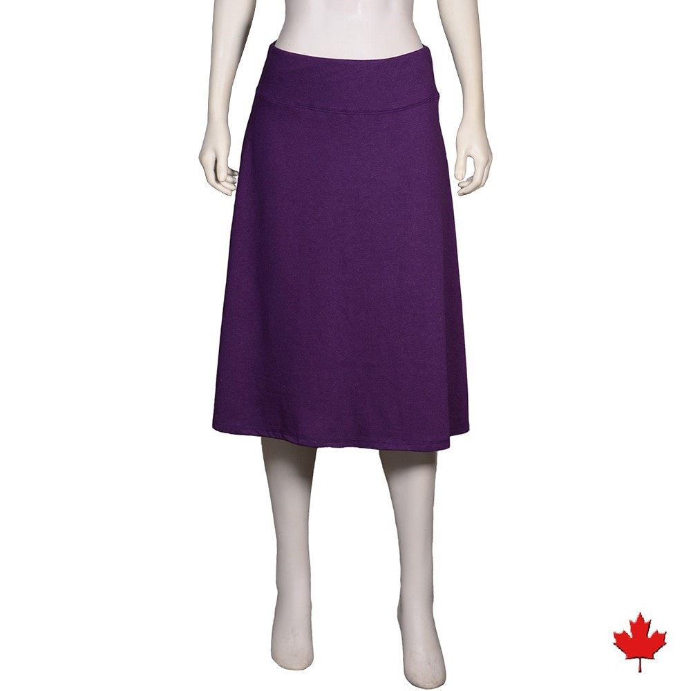 Bamboo Yoga Skirt is where style and comfort come together in a skirt. It has a yoke waist and multi-paneled flare that flows with every move. Made with soft Bamboo jersey that is luxurious, moisture wicking and breathable.  Proudly made in Canada Fabrication: 70% Rayon from Bamboo, 30% Cotton  Eco-Essentials $45.00 Plum Purple