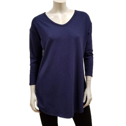 The Tori Tunic has a soft banded V-neckline, 3/4 sleeves, slight A-line shape, and a softly rounded hemline make this the best tunic for your weekends! Or, any day-ends!   Proudly Made in Canada  Fabrication: 66% Bamboo, 28% Cotton, 6% Spandex  GILMOUR $95.00 Colour Flight Blue