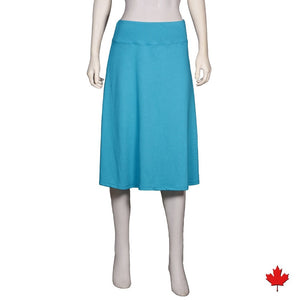 Bamboo Yoga Skirt is where style and comfort come together in a skirt. It has a yoke waist and multi-paneled flare that flows with every move. Made with soft Bamboo jersey that is luxurious, moisture wicking and breathable.  Proudly made in Canada Fabrication: 70% Rayon from Bamboo, 30% Cotton  Eco-Essentials $45.00 Turquoise Blue