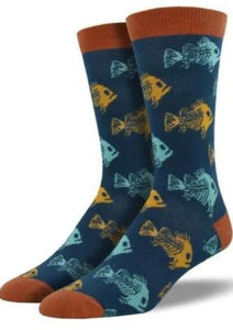 Sea Blue with Fish Bones. Soft, Breathable, Moisture Wicking, Antibacterial, Hypoallergenic, Amazing Socks! One Size Fits Most (Men's 7-13) Fabrication: 66% Rayon from Bamboo, 32% Nylon, 2% Spandex SockSmith $22.00
