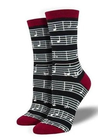 Black with Sheet Music, Red Toes and Heels. Soft, Breathable, Moisture Wicking, Antibacterial, Hypoallergenic, Amazing Socks! One Size Fits Most (Women's 5-11) Fabrication: 66% Rayon from Bamboo, 32% Nylon, 2% Spandex SockSmith $20.00